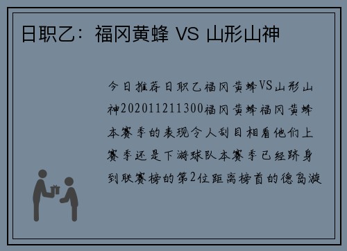 日职乙：福冈黄蜂 VS 山形山神
