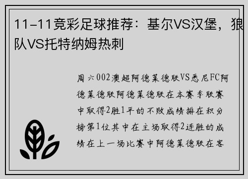 11-11竞彩足球推荐：基尔VS汉堡，狼队VS托特纳姆热刺